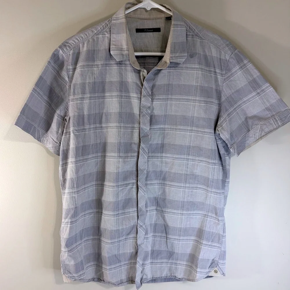 7 Diamonds Mens Grey White Plaid Preppy Button Down Shirt‎ Size M Summer Vibes